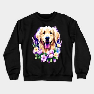 Cute Golden Retriever Surrounded by Beautiful Flowers Crewneck Sweatshirt